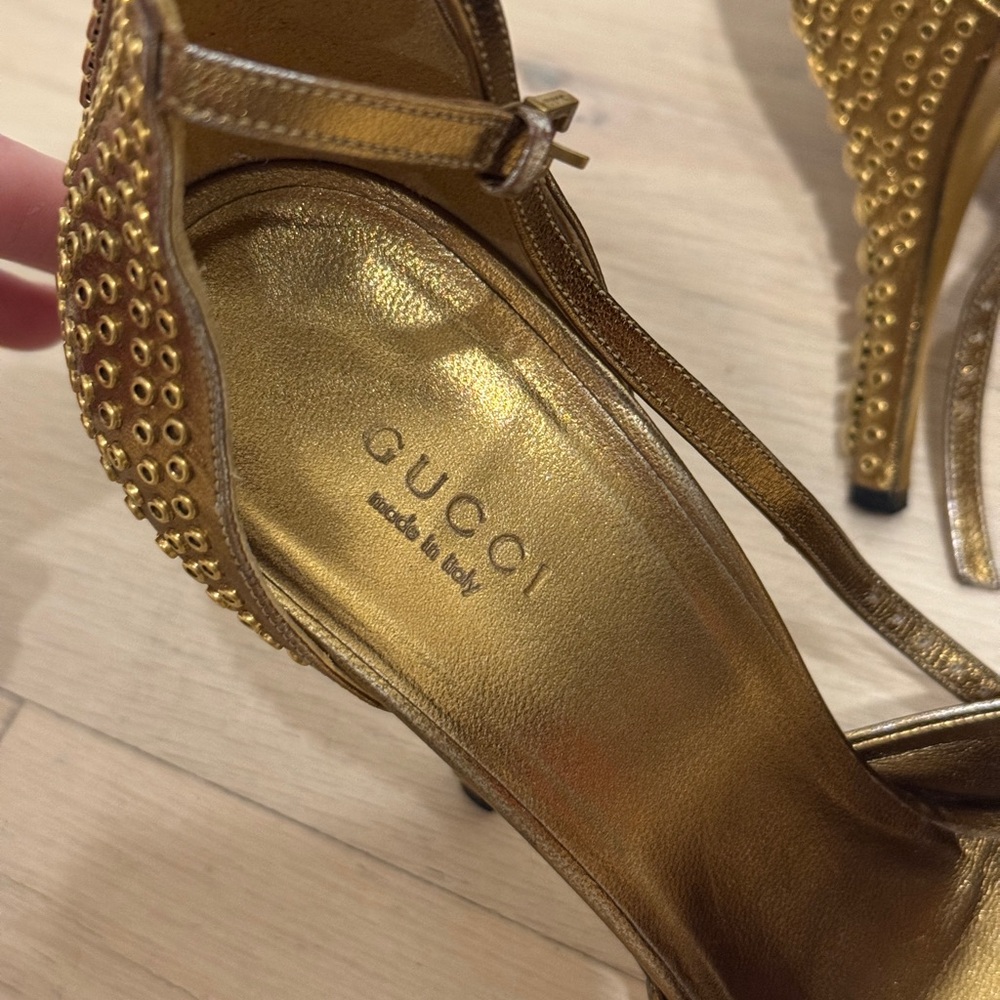Gucci Burnished Gold Metallic Leather Studded Peep Toe Heels - Picture 3 of 10